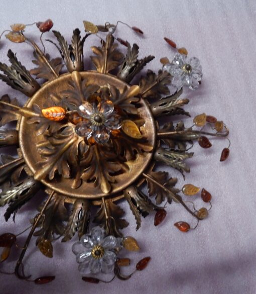 1970′Paire De  Plafonniers ou Appliques à Décor de Fleurs et Feuilles en Métal Doré Et Verre Coloré  Orange Maison Baguès Ou Banci – Image 11