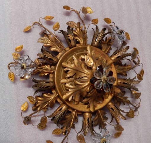 1970′Paire De  Plafonniers ou Appliques à Décor de Fleurs et Feuilles en Métal Doré Et Verre Coloré  Orange Maison Baguès Ou Banci – Image 9