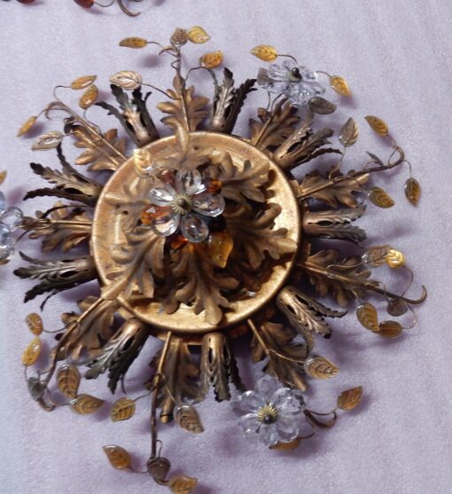 1970′Paire De  Plafonniers ou Appliques à Décor de Fleurs et Feuilles en Métal Doré Et Verre Coloré  Orange Maison Baguès Ou Banci – Image 8