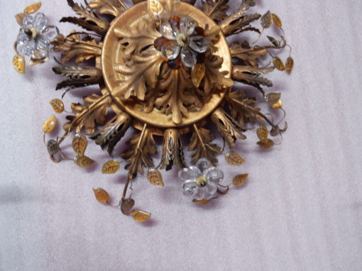 1970′Paire De  Plafonniers ou Appliques à Décor de Fleurs et Feuilles en Métal Doré Et Verre Coloré  Orange Maison Baguès Ou Banci – Image 7