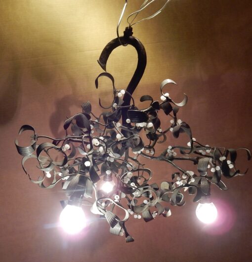 1900' Ball of Mistletoe Art Nouveau Bronze has 3 Bulbs and Pearls Opaline Diameter 50 cm - Image 10