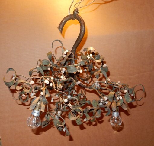 1900' Ball of Mistletoe Art Nouveau Bronze has 3 Bulbs and Pearls Opaline Diameter 50 cm - Image 6