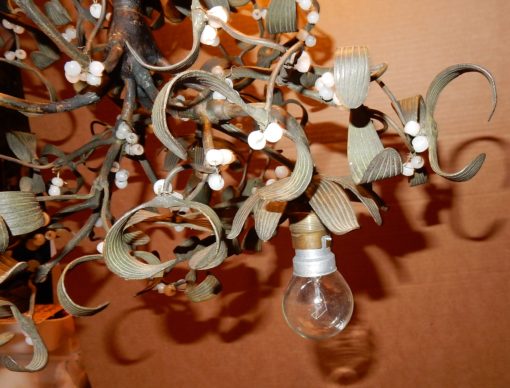 1900' Ball of Mistletoe Art Nouveau Bronze has 3 Bulbs and Pearls Opaline Diameter 50 cm - Image 5