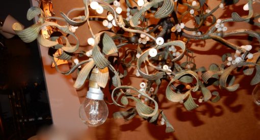 1900' Ball of Mistletoe Art Nouveau Bronze has 3 Bulbs and Pearls Opaline Diameter 50 cm - Image 4
