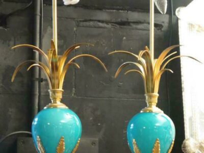 1970' Paire de Lampes Maison Charles en Opaline Bleue Non Signées