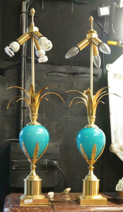1970' Paire de Lampes Maison Charles en Opaline Bleue Non Signées