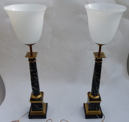 1950/70 Pair Of in Taste of Maison Jansen Lamps, Brass and Sea Green Marble - Image 9