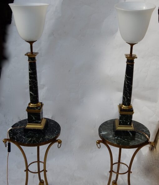 1950/70 Pair Of in Taste of Maison Jansen Lamps, Brass and Sea Green Marble