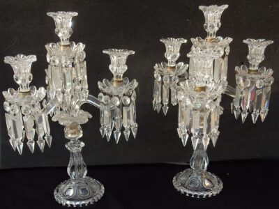 1950 ′ Pair of Candlesticks 3 Branches Beaded Sockets And Signed In Relief BACCARAT