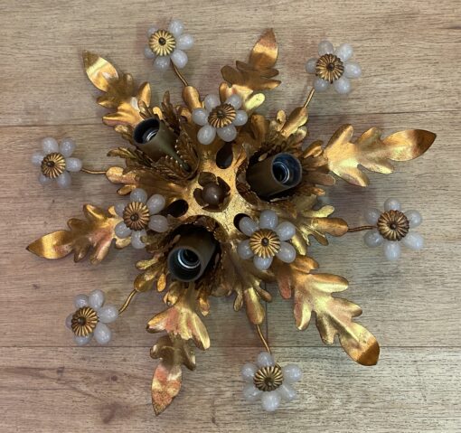 1970 ′ Ceiling Lamp or Wall Lamp Decorated with Flowers and Leaves in Golden Metal Style Maison Baguès, Flowers in Opalescent Glass