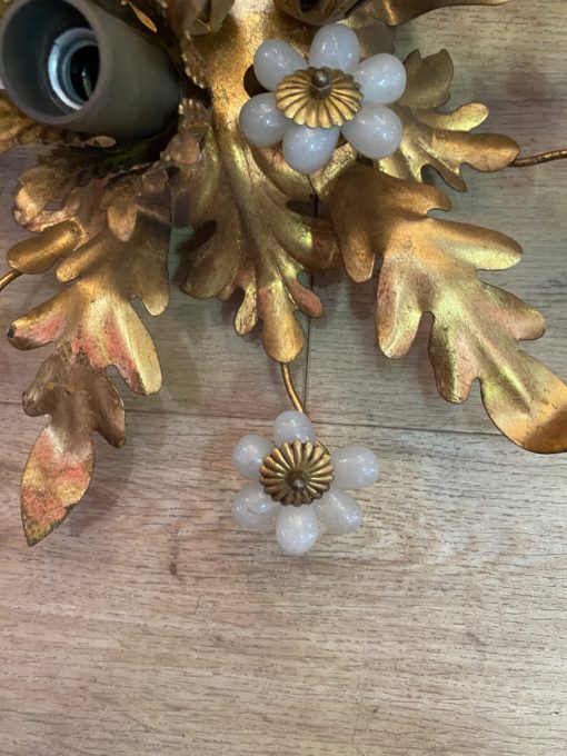 1970 ′ Ceiling Lamp or Wall Lamp Decorated with Flowers and Leaves in Golden Metal Style Maison Baguès, Flowers in Opalescent Glass - Image 7
