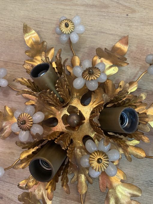 1970 ′ Ceiling Lamp or Wall Lamp Decorated with Flowers and Leaves in Golden Metal Style Maison Baguès, Flowers in Opalescent Glass - Image 6