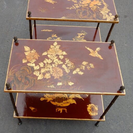 1950′ Paire de Tables Maison Baguès Décor Bambou en Bronze Doré Avec Plateaux Laque de Chine 60 X 35 X H 56 – Image 11