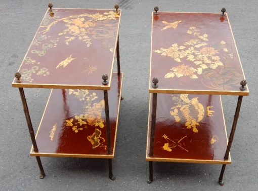 1950′ Paire de Tables Maison Baguès Décor Bambou en Bronze Doré Avec Plateaux Laque de Chine 60 X 35 X H 56