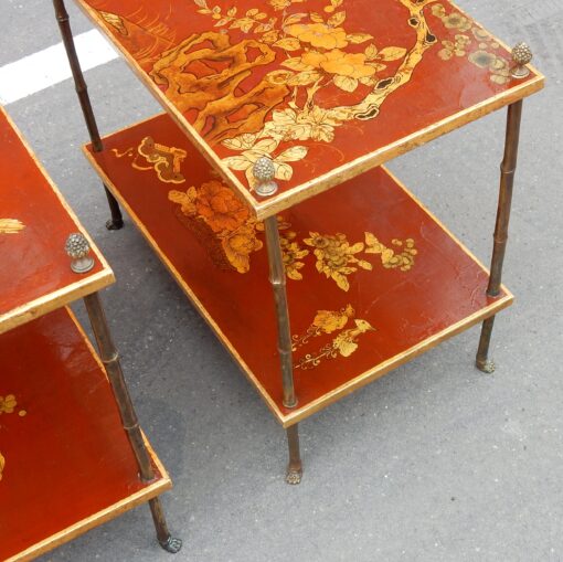 1950′ Paire de Tables Maison Baguès Décor Bambou en Bronze Doré Avec Plateaux Laque de Chine 60 X 35 X H 56 – Image 4