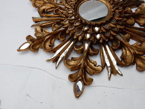 1970' Miroir Soleil Décor Flocon De Neige, Bois Doré, Diamètre 72 cm – Image 9
