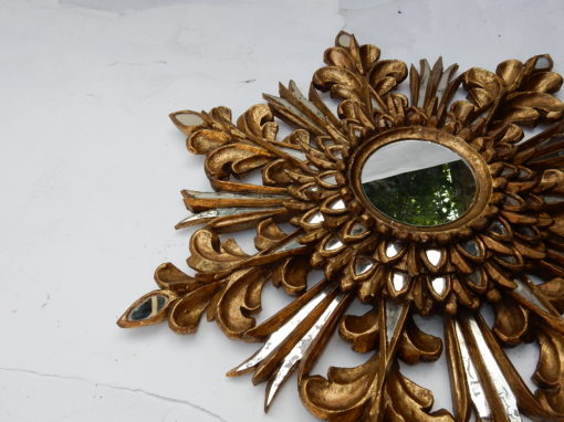 1970' Miroir Soleil Décor Flocon De Neige, Bois Doré, Diamètre 72 cm – Image 8