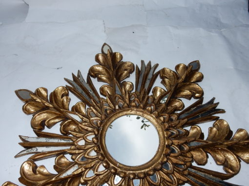 1970' Miroir Soleil Décor Flocon De Neige, Bois Doré, Diamètre 72 cm – Image 7