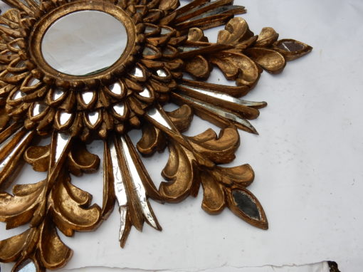 1970' Miroir Soleil Décor Flocon De Neige, Bois Doré, Diamètre 72 cm – Image 5