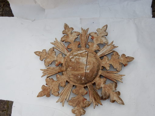 1970' Miroir Soleil Décor Flocon De Neige, Bois Doré, Diamètre 72 cm – Image 4