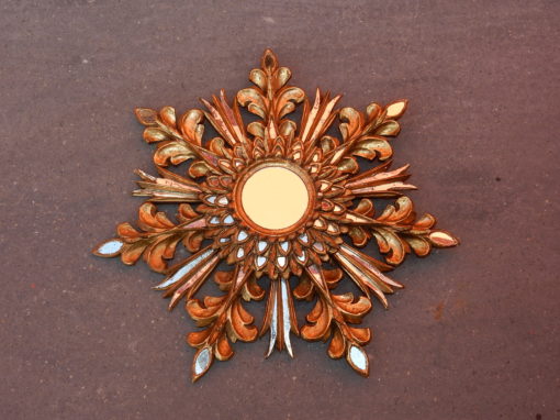 1970' Miroir Soleil Décor Flocon De Neige, Bois Doré, Diamètre 72 cm – Image 14