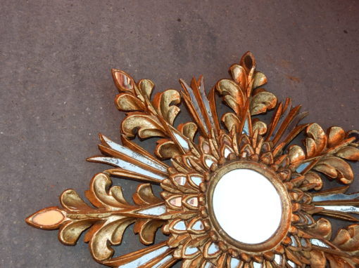 1970' Miroir Soleil Décor Flocon De Neige, Bois Doré, Diamètre 72 cm – Image 12