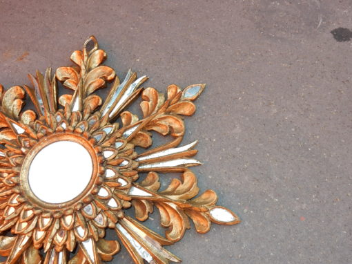 1970' Miroir Soleil Décor Flocon De Neige, Bois Doré, Diamètre 72 cm – Image 11