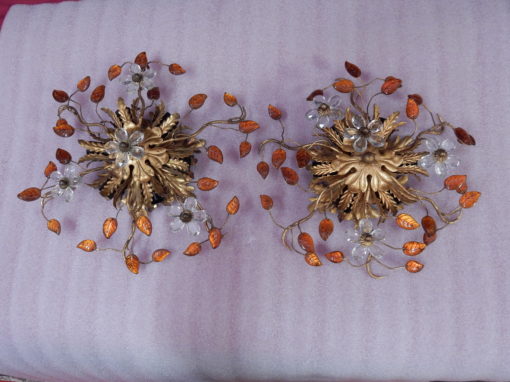 1970' Pair Ceiling Light or Wall Lamp with Flowers and Leaves in the Style of Maison Bagués With Orange Color Leaves - Image 2