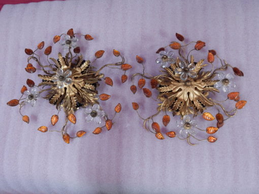 1970' Pair Ceiling Light or Wall Lamp with Flowers and Leaves in the Style of Maison Bagués With Orange Color Leaves