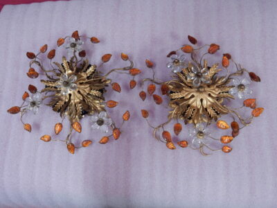 1970' Pair Ceiling Light or Wall Lamp with Flowers and Leaves in the Style of Maison Bagués With Orange Color Leaves