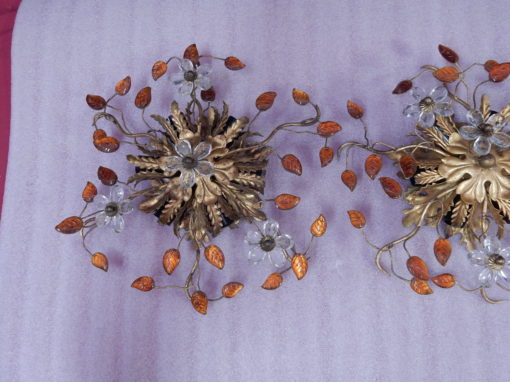1970' Pair Ceiling Light or Wall Lamp with Flowers and Leaves in the Style of Maison Bagués With Orange Color Leaves - Image 9
