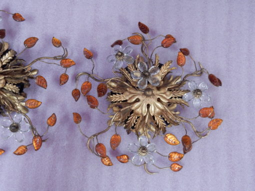 1970' Pair Ceiling Light or Wall Lamp with Flowers and Leaves in the Style of Maison Bagués With Orange Color Leaves - Image 8