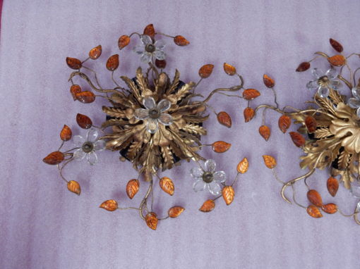 1970' Pair Ceiling Light or Wall Lamp with Flowers and Leaves in the Style of Maison Bagués With Orange Color Leaves - Image 7