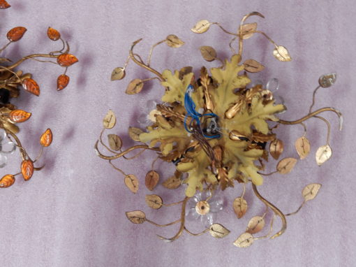 1970' Pair Ceiling Light or Wall Lamp with Flowers and Leaves in the Style of Maison Bagués With Orange Color Leaves - Image 6