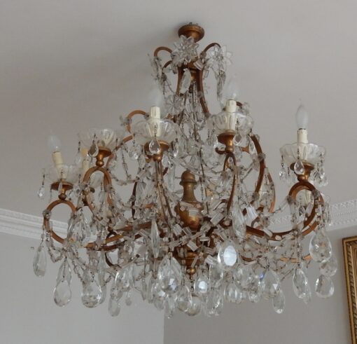 1950′ Lustre Cage Italie à 12 Lumières Bois Doré Et Cristal Diamètre 90 X H 100 cm – Image 20