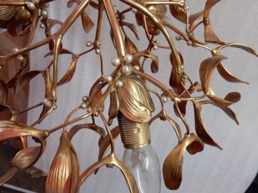 1900′ Lustre Boule de Gui en Bronze Doré Art Nouveau a 3 Lampes Diamètre 43 cm Douilles En Forme De Tulipes – Image 13