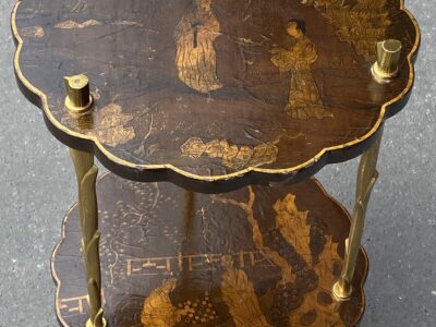 1950/70′ Guéridon Maison Baguès Décor Palmier en Bronze Doré Avec Plateaux Laque de Chine Diamètre 34,5 H 58 CM