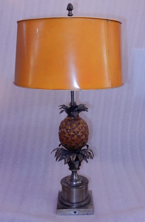 1950/70 Lampe à l’Ananas en Bronze Argenté, Abat-jour en Métal, Signée Charles, Made In France