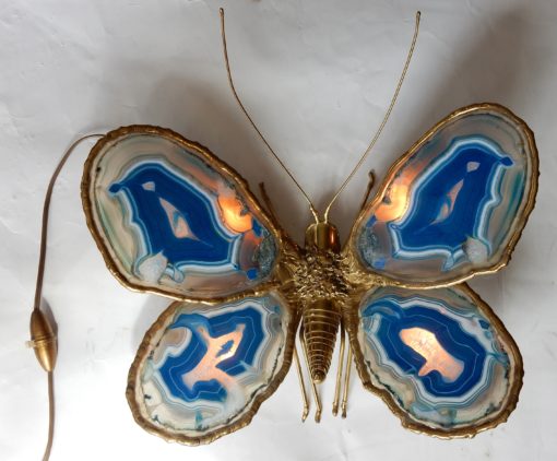 1970′ Applique Papillon Duval Brasseur Ou Isabelle Faure Avec Ailes En Agates Bleues 39 X H 39 CM