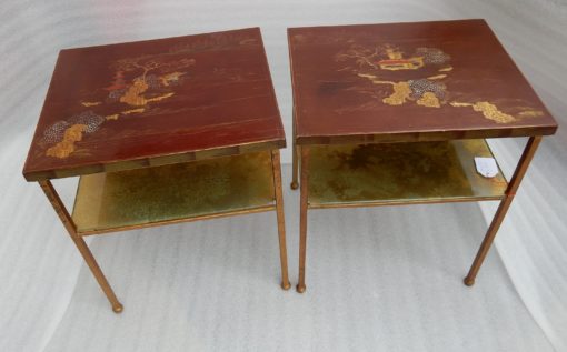 1950/70 ′ Pair Of Tables Or Ends Of Sofas Style Maison Ramsay In Golden Iron Trays Red Chinese Lacquer Landscape And Pagoda Decor - Image 10