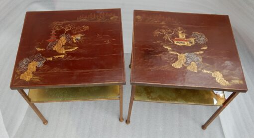 1950/70 ′ Pair Of Tables Or Ends Of Sofas Style Maison Ramsay In Golden Iron Trays Red Chinese Lacquer Landscape And Pagoda Decor