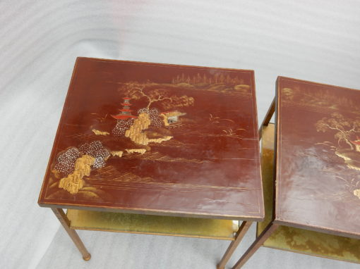 1950/70 ′ Pair Of Tables Or Ends Of Sofas Style Maison Ramsay In Golden Iron Trays Red Chinese Lacquer Landscape And Pagoda Decor - Image 8