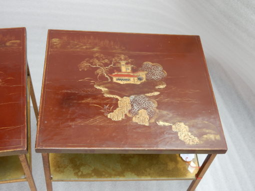 1950/70 ′ Pair Of Tables Or Ends Of Sofas Style Maison Ramsay In Golden Iron Trays Red Chinese Lacquer Landscape And Pagoda Decor - Image 7