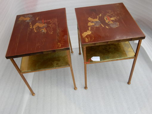 1950/70 ′ Pair Of Tables Or Ends Of Sofas Style Maison Ramsay In Golden Iron Trays Red Chinese Lacquer Landscape And Pagoda Decor - Image 2