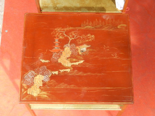 1950/70 ′ Pair Of Tables Or Ends Of Sofas Style Maison Ramsay In Golden Iron Trays Red Chinese Lacquer Landscape And Pagoda Decor - Image 12
