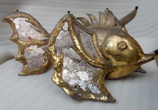 1970′Table Basse Poisson Éclairante En Laiton Avec Mika Violet Style Duval Brasseur, Faure, Fernandez