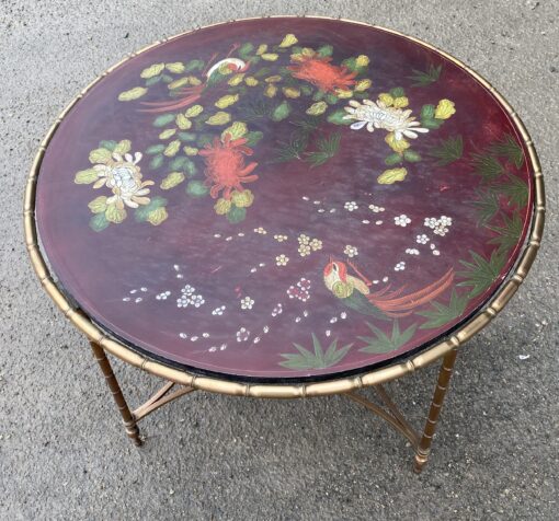 1950/70 ′ Round Bronze Coffee Table, Palm Tree Decor, Red Chinese Lacquer Top, Style Maison Baguès - Image 9