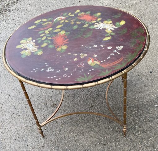 1950/70 ′ Round Bronze Coffee Table, Palm Tree Decor, Red Chinese Lacquer Top, Style Maison Baguès - Image 8