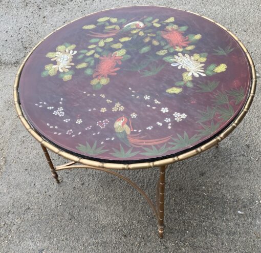 1950/70 ′ Round Bronze Coffee Table, Palm Tree Decor, Red Chinese Lacquer Top, Style Maison Baguès - Image 7
