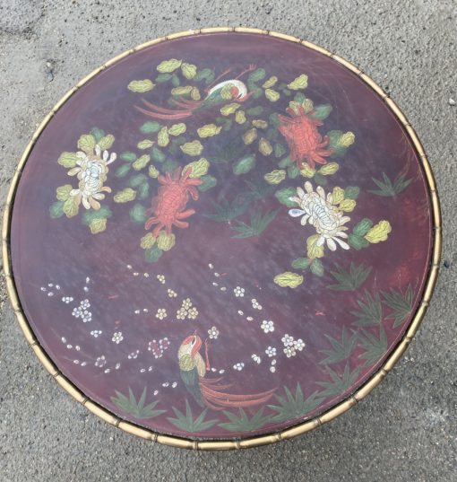 1950/70 ′ Round Bronze Coffee Table, Palm Tree Decor, Red Chinese Lacquer Top, Style Maison Baguès - Image 6